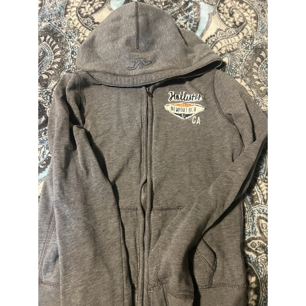 Hollister Men's Gray Full Zip Hoodie M Regular Solid Hood Pockets Logo